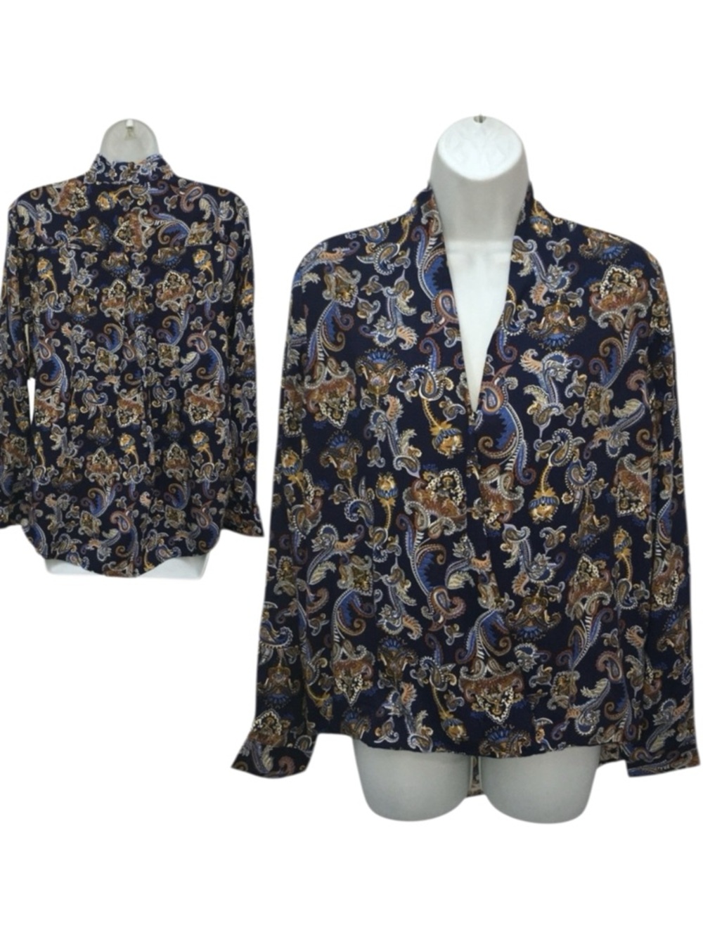 DEX Navy Paisley Surplice Hi Lo Flowy Rayon Top - Women’s Medium - NWT